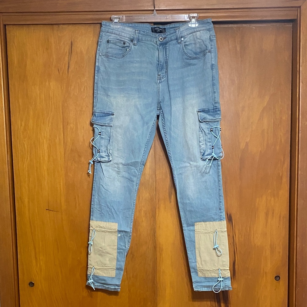 Serenade Cybercloud Light Denim Blue Jeans 38x32.5” Lace Up Details Cargo Slim